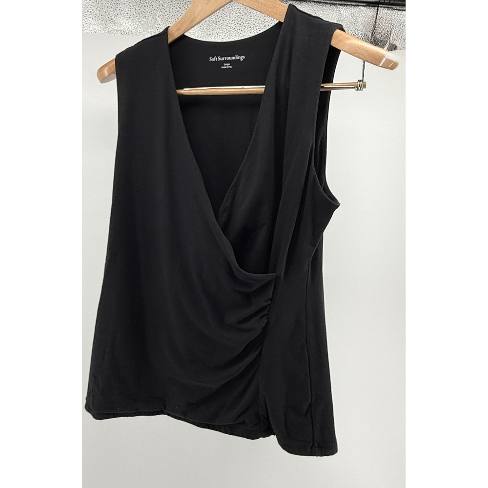Soft Surroundings Black Pima Cotton Modal Surplice Wrap Ruched Tank Top Large